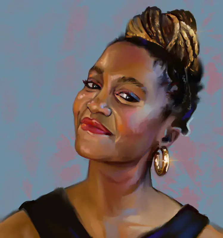 Painted portrait of a woman with gold hoop earrings