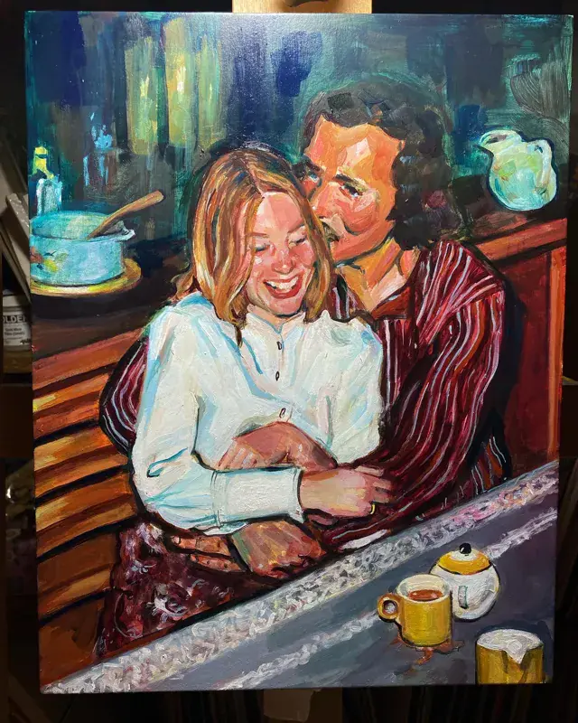 Oil painting of a couple embracing at a café
