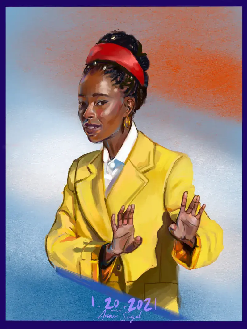 Print of Amanda Gorman in a yellow coat