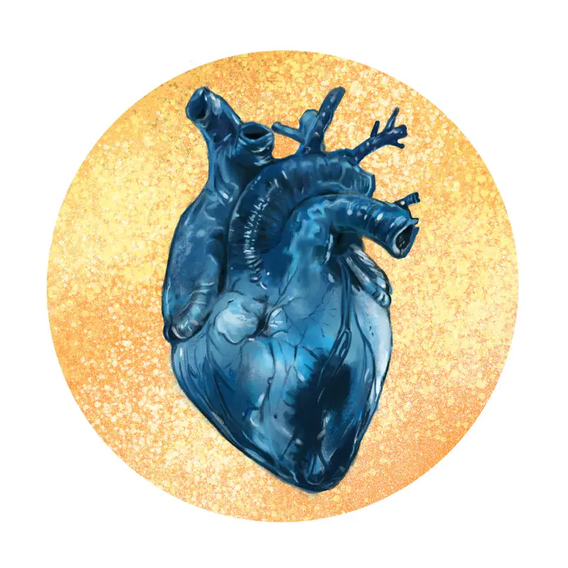 Cerulean-blue anatomical heart artwork on a gold background